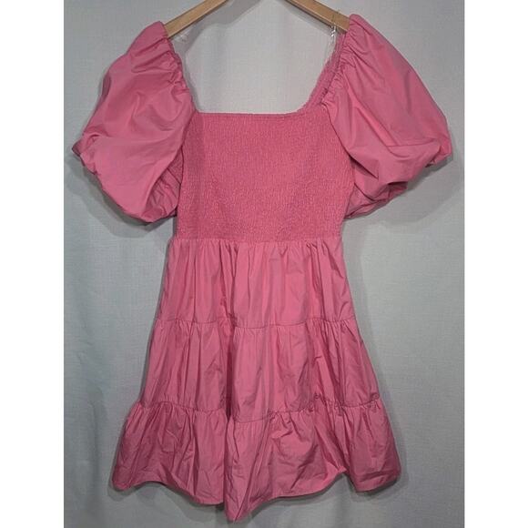 entro Dresses & Skirts - Entro Womens Pink Puff Sleeve Tiered‎ Mini Dress M Pink Smocked Bodice Coquette